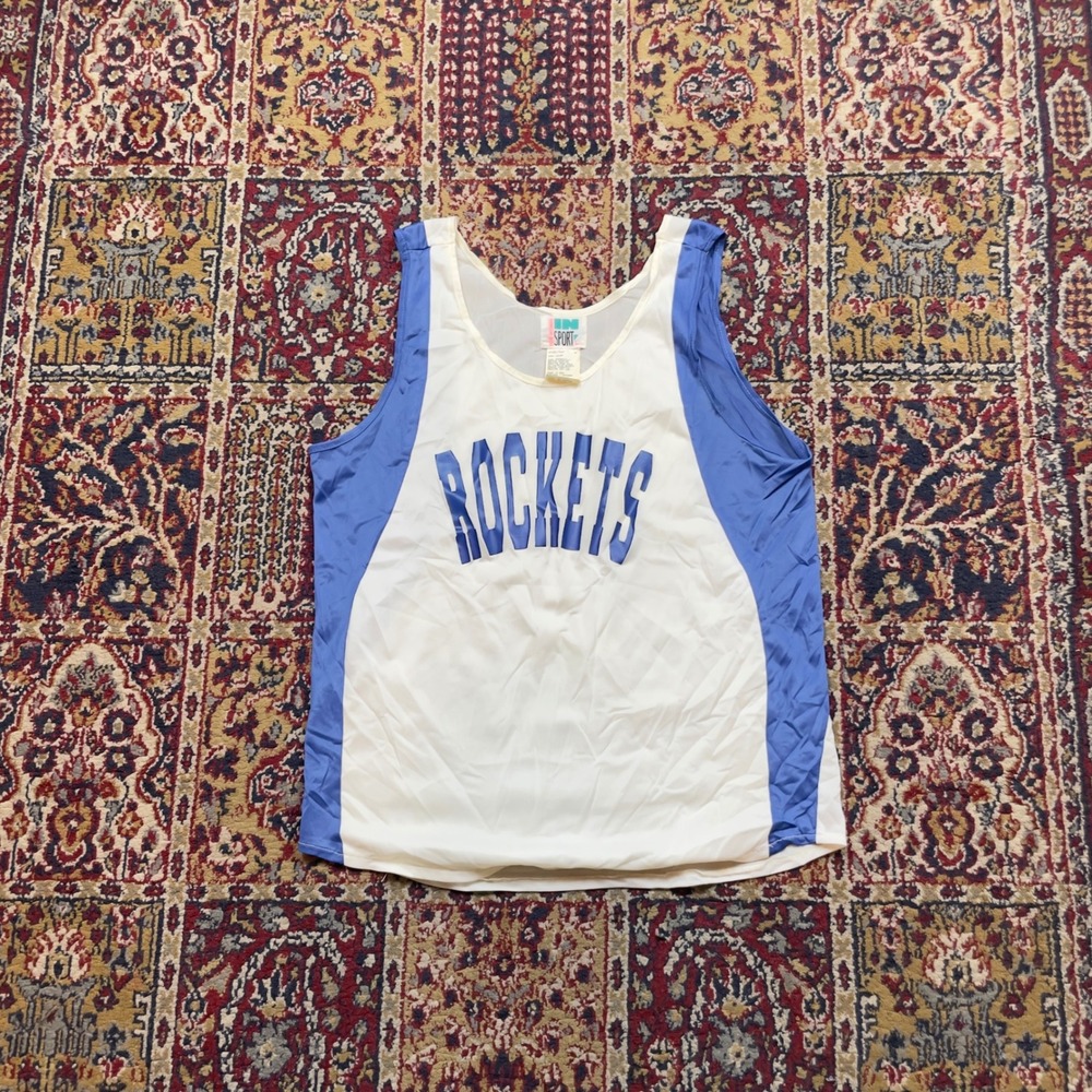 VTG 80s In Sport Rockets Tank Top Blue White Nylon Jersey Womens L USA Singlet